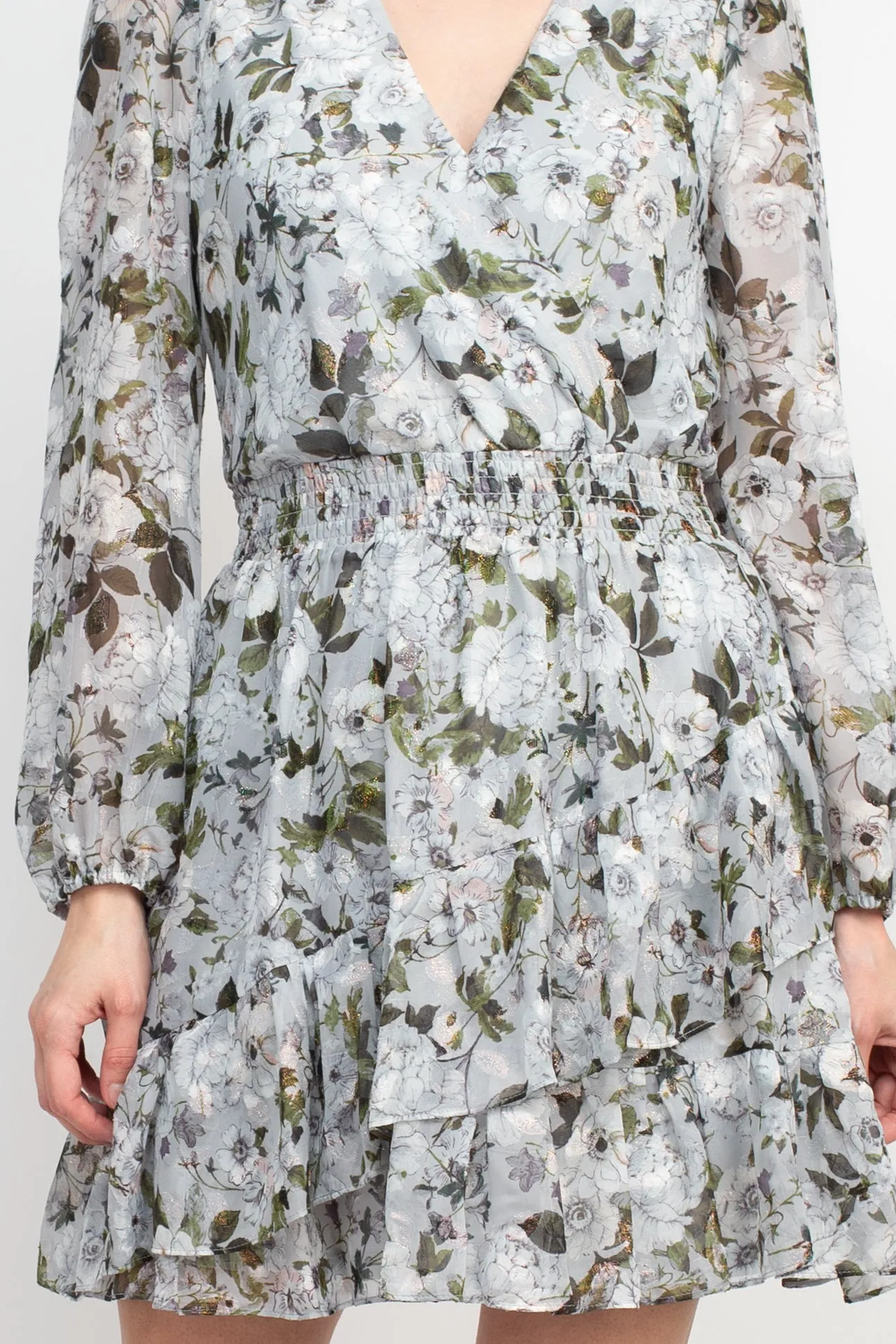 Laundry V-Neck Elastic Cuff Long Sleeve Elastic Waist Tiered Hem Floral Print Chiffon Dress