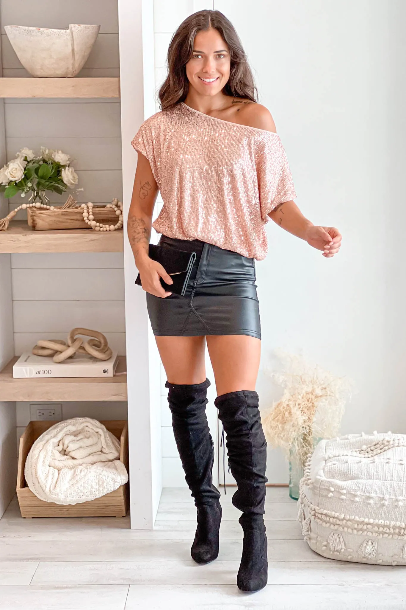Rose Gold Short Sleeve Sequin Crop Top